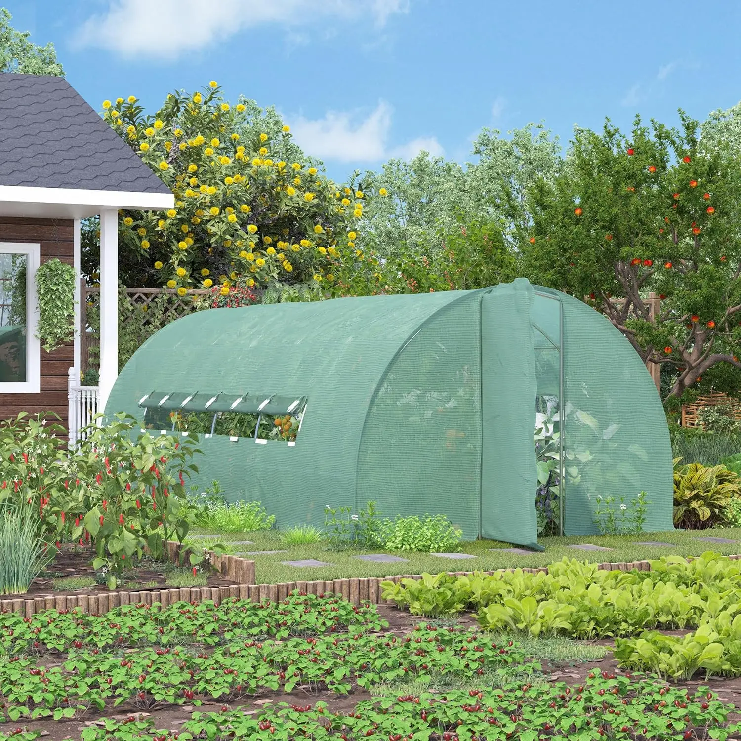 20' X 10' X 6.5' Heavy-Duty Tunnel Greenhouse, Walk-In Greenhouse Kit With Pe Cover, 2 Hinged Doors And Mesh Windows, Green