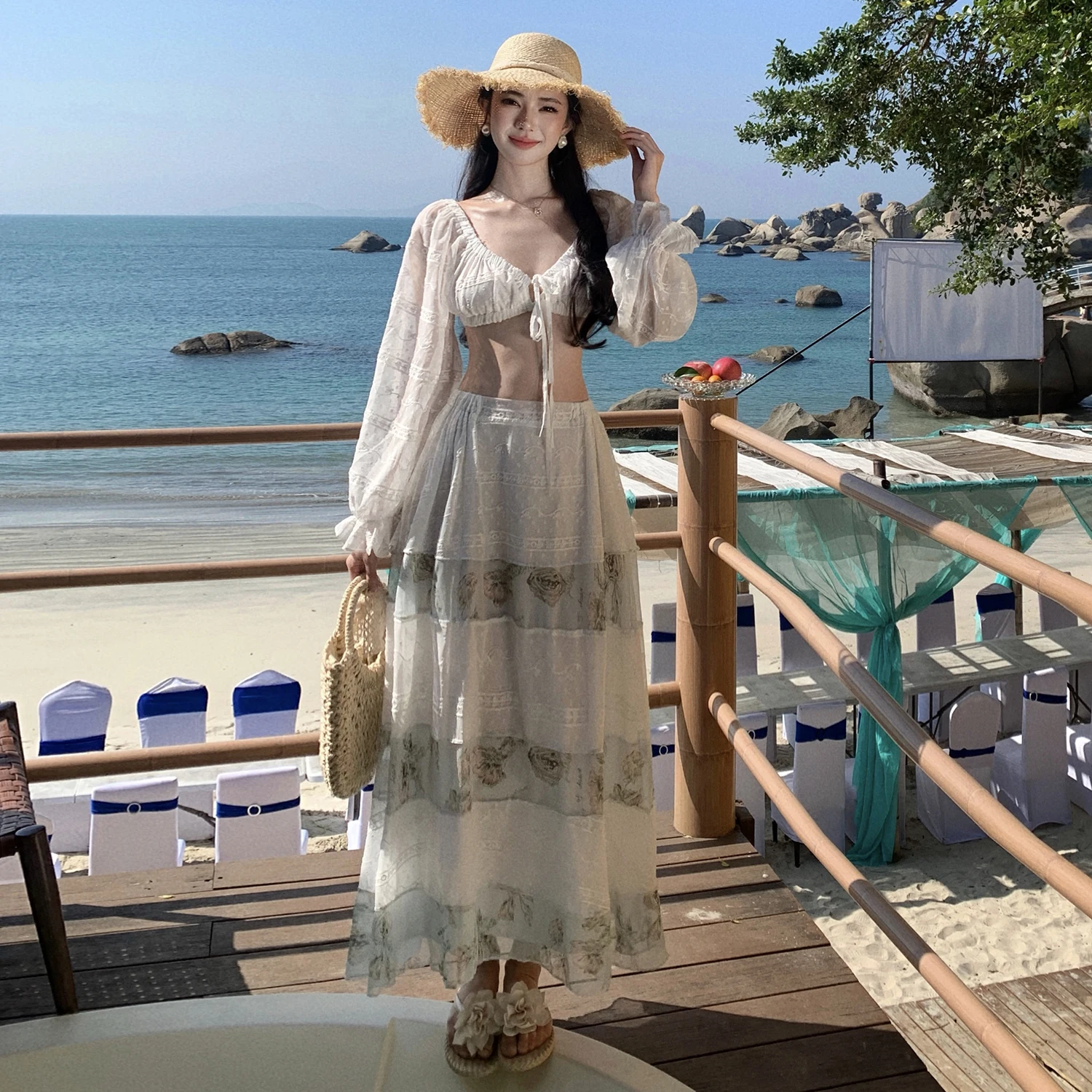 

Summer Holiday Beach Chiffon Long Skirt 2 Piece Sets Women Outfit Fashion Corp Top And High Waist Skirts Floral Two Piece Set