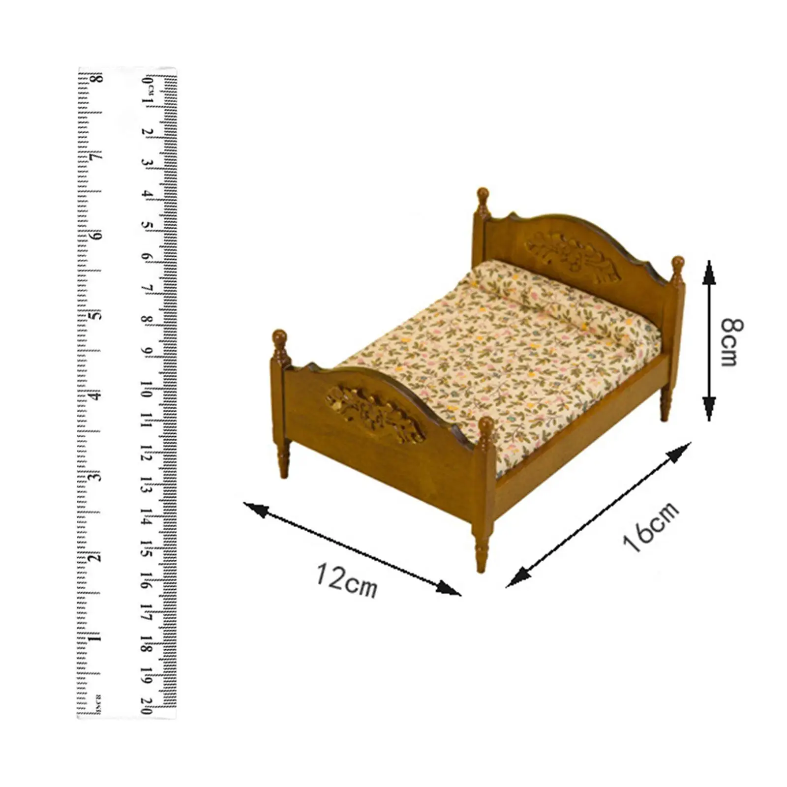 1:12 Dollhouse Double Bed Model Wooden Bed Model for Bedroom