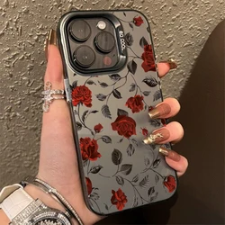 Retro Fashion Red Rose Matte Laser Phone Case For iPhone 11 12 13 14 15 16 Pro Max XS X XR 7 8 Plus SE Shockproof Armour Cover
