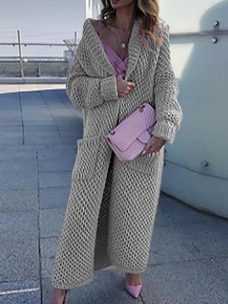 Long Knitted Sweater Women Elegant Oversized Knit Cardigan Winter Casual Lapel Knitwear Lady Vintage Loose Solid Maxi Cardigan