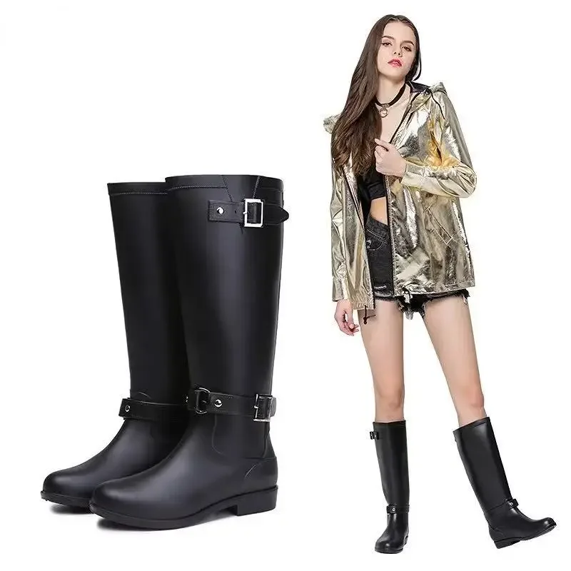 

Rubber Boots for Women Waterproof Work Fashion Back Zipper Round Toe High Rain Boots Woman Water Shoes Botas De Caza Espanolas