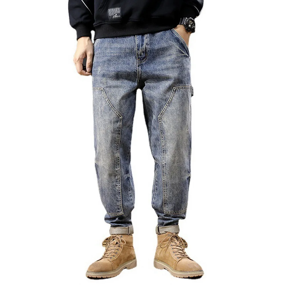 

Мужские осенне-зимние свободные джинсы-шаровары в стиле пэчворк с рваными штанинами
