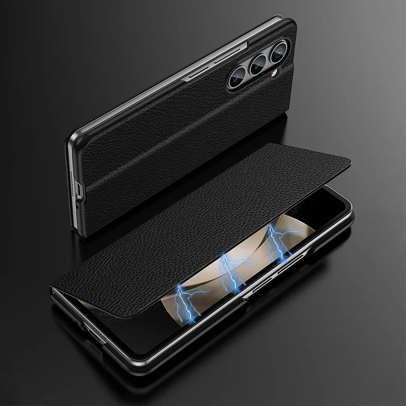 

Luxury Skin Feel Lychee Textured Genuine Leather Case Suitable For Samsung Galaxy Z Fold 7 6 5 4 3 Protection Flip phone case