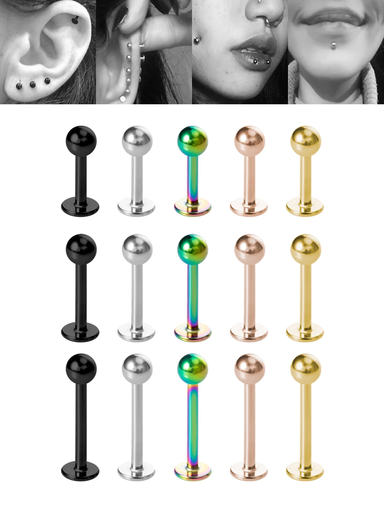 5pcs Steel Ball Lip Labret Stud for Women Men Stainless Steel Dimple Stud Fashion Popular Cartilage Helix Body Piercing Jewelry