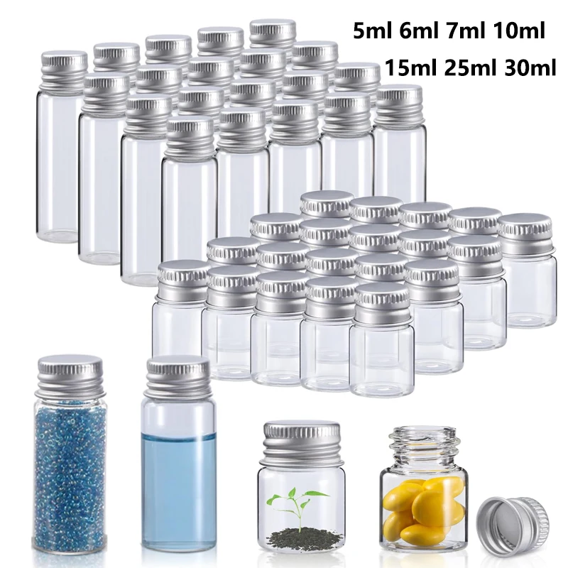 

5pieces 5ml/6ml/7ml/10ml/14ml/18ml/20ml/25ml/30ml Glass Bottles with Aluminium Lids Small Mini Glass Jars 8 Sizes U-pick