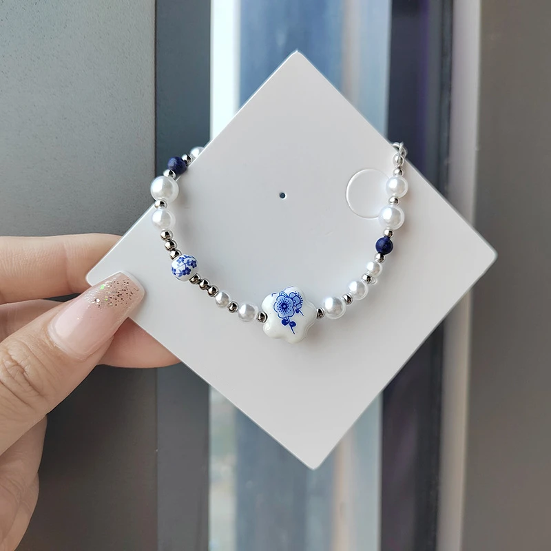 Adjustable Pearl Blue White Beaded Bracelets for Girls Ceramics Flower Pendant Charm Bracelets Pottery and Porcelain Jewelry