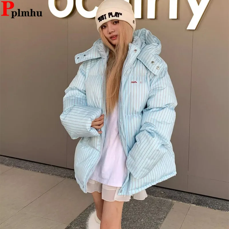 Korea Striped Design Hooded Cotton Coats  Winter Streetwear Fashion Parkas Thick Causal Casaco Tops Loose Women Chaqueta Abrigo