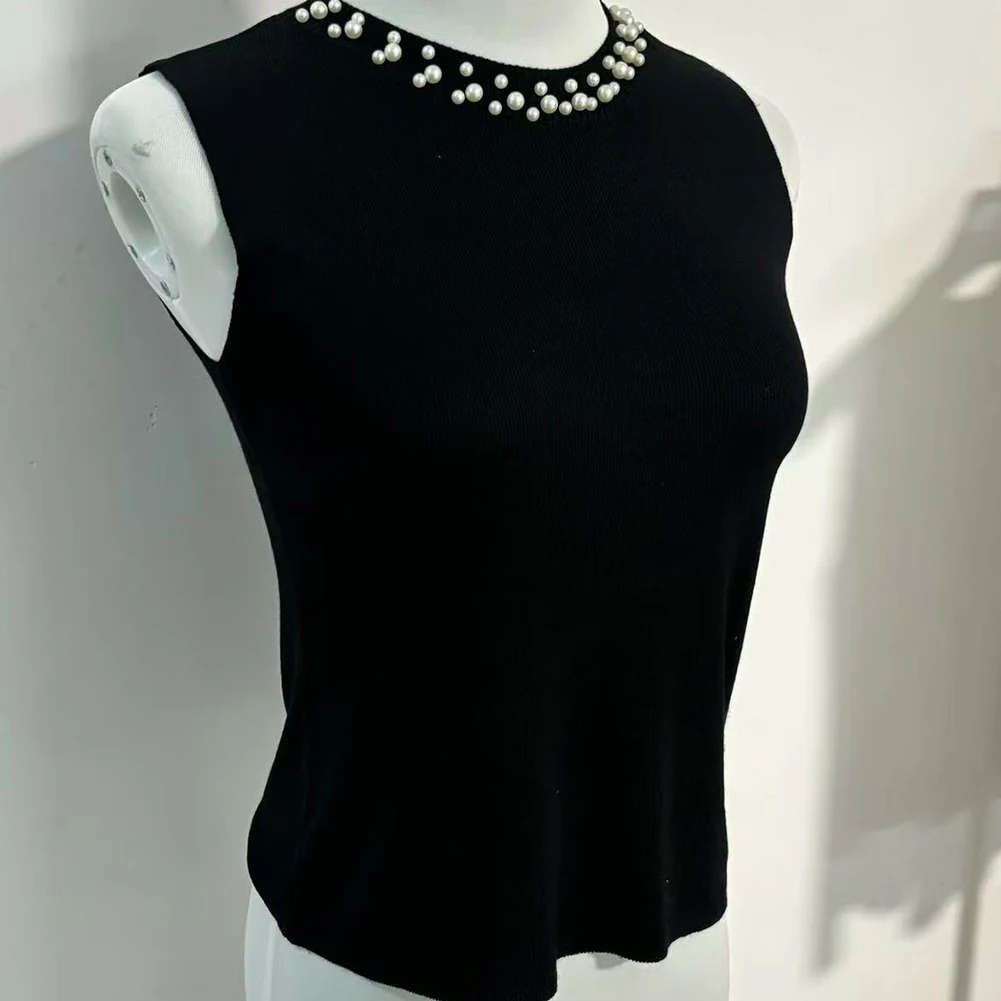 Women's Casual Knit Vest Top Sleeveless Round Neck Beaded Detail Solid Color Lightweight Summer Layering Piece