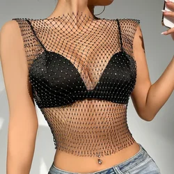 Maglia Sexy See Through Vest per le donne Summer Shiny strass Fishnet Hollow Out Crop Top Beach Cover Up Party Club canotte