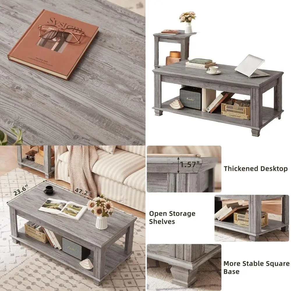 

Rustic Gray Wooden Square Coffee Table with Open Shelf for Living Room