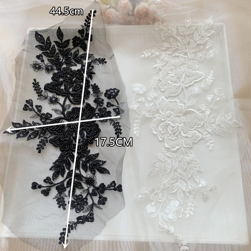 2 Stück/1 Paar Schwarz-Weiße Perlenblumen-Blätter-Stickerei Hochwertiges Set für Hochzeitskleid Kopfschmuck Spitze Spiegelblume RS4154 – Detail 2