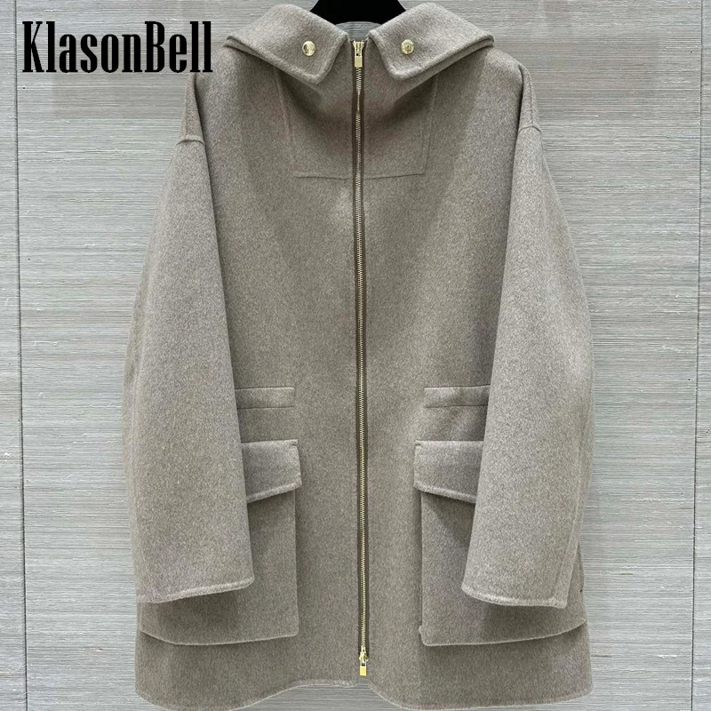 9.2 KlasonBell Women\'s Hooded Adjustable Drawstring Waist Double-Side Wool Coat Vintage Fashion Big Pocket Zipper Outerwear