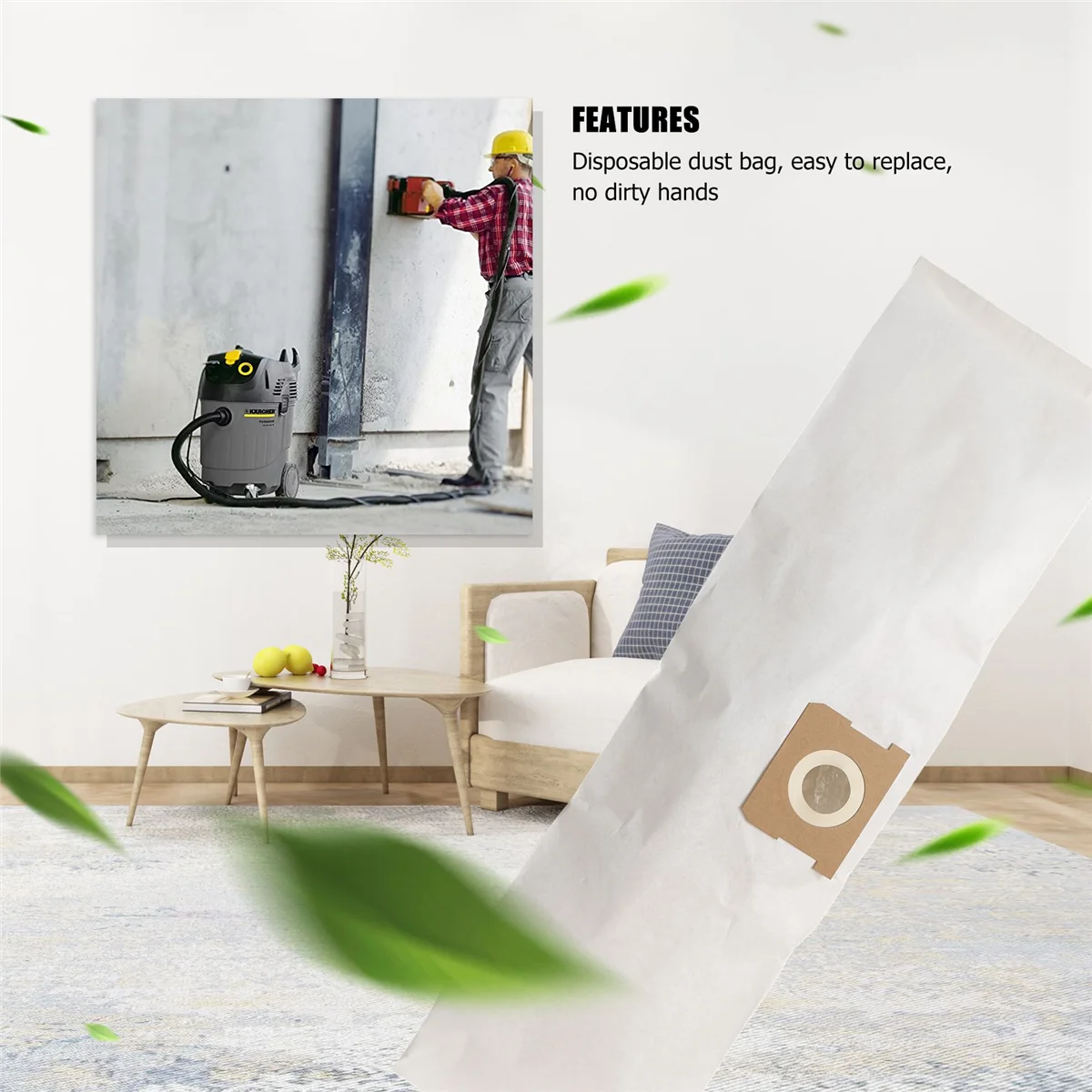 Karcher 습식 및 건식 진공 청소기용 진공 청소기 먼지 봉투, WD 시리즈 WD1/MV1, 5 개