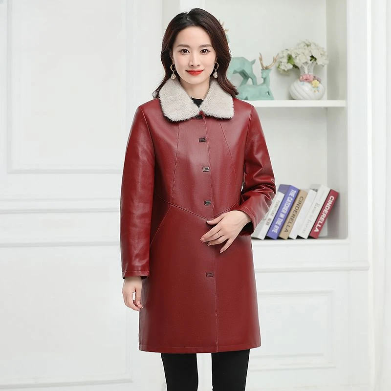 2023 Autumn Winter New Women Mid-Length Leather Coat Fashion Loose Warm Large Size Outwear FemaleTemperament pu leather jacket