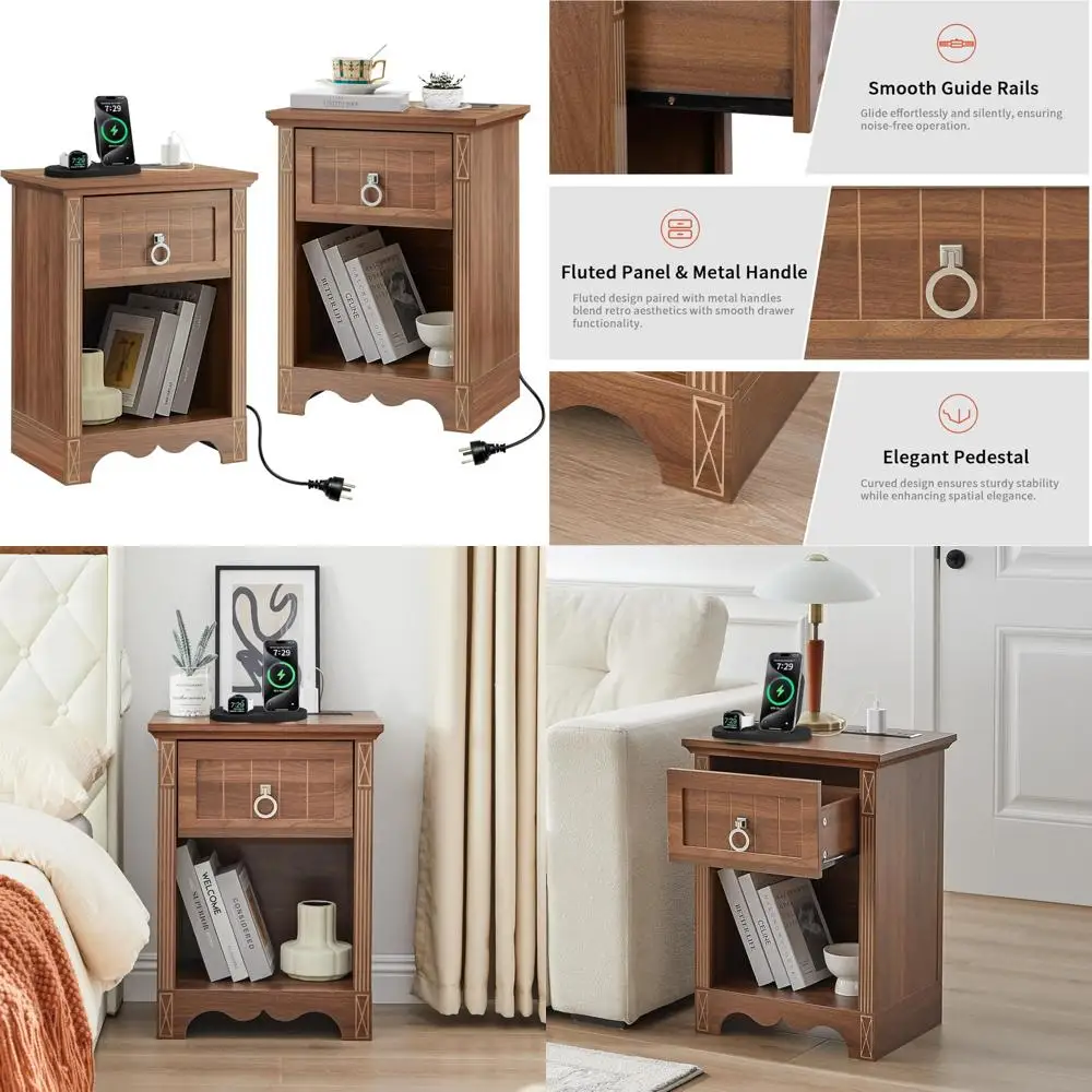 

Pair of Modern Bedside Tables with Charging Station, Drawer, and Open Storage