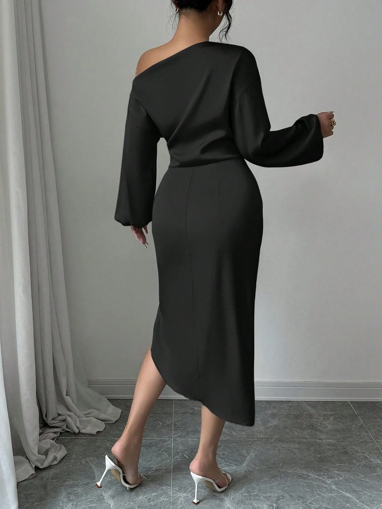 Prom Dress Wedding Guest Party Off Shoulder Puff Sleeve Dresses Solid Black Wrap Detail Evening Dress Side Slit Maxi Dress - view 2