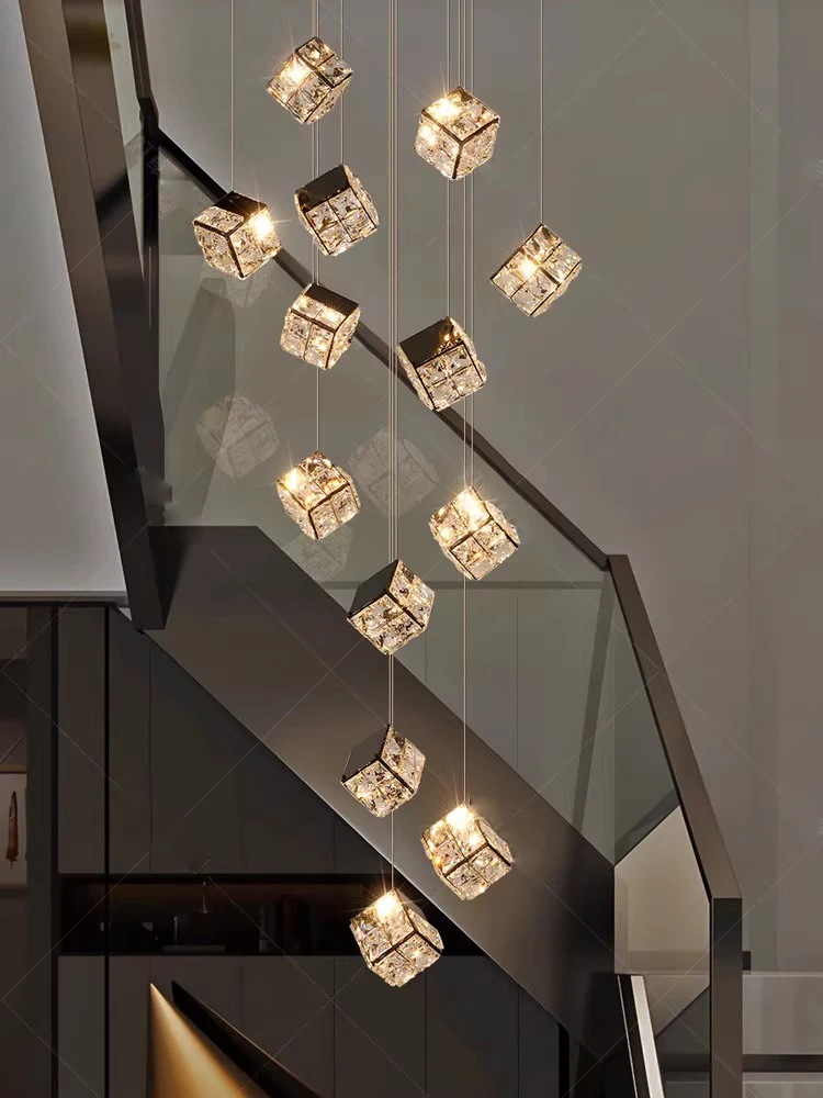 Luxury New Design Clear Cube Crystal Chandelier Lighting For Villa High Ceiling Home Decoration Stairwell Lustres