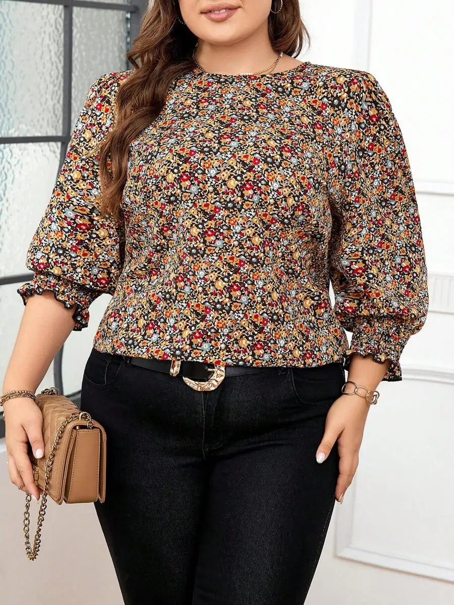 

Plus Size Ditsy Floral Blouse with Puffed Sleeves, Loose Fit for Autumn