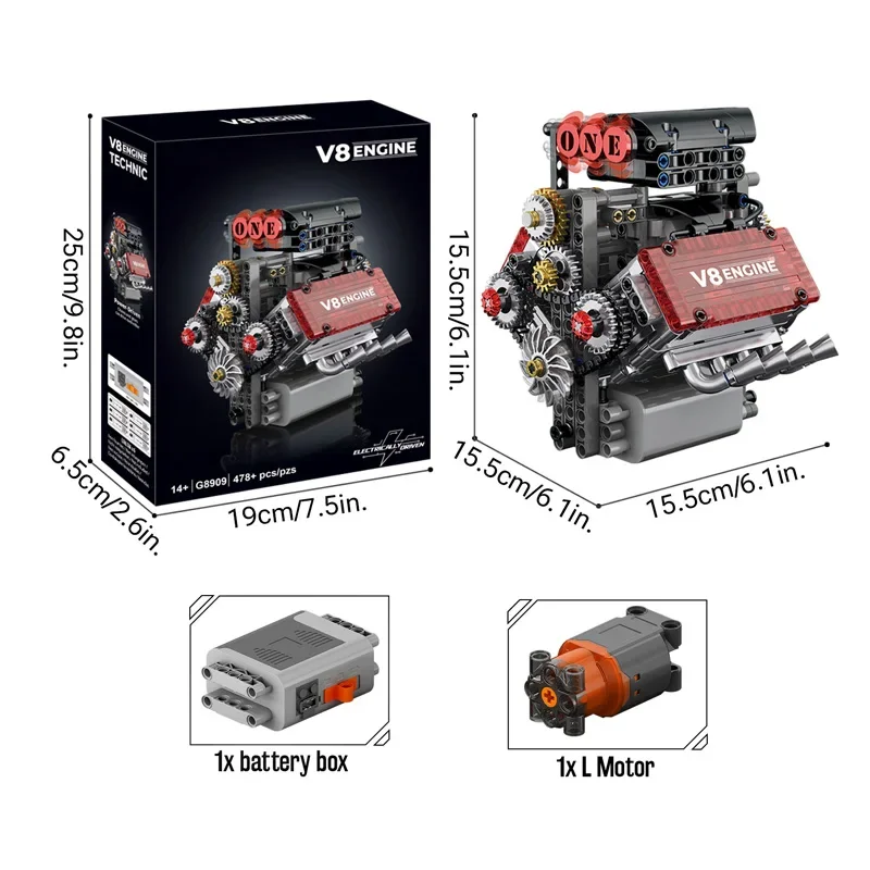 Simulation 478pcs V8 Engine Motorized Building Blocks Model Mechanical Electrically Drive Ornament Cars Parts Toys Gifts Adult image 3