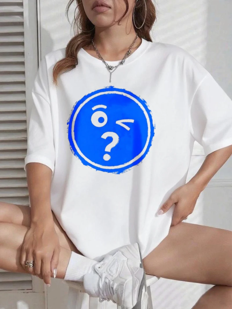 

Women's Short-sleeved T-shirt with Blue Smiley Face Pattern Printed Round Neck Loose Fit Couple Style Summer Women's Clothing