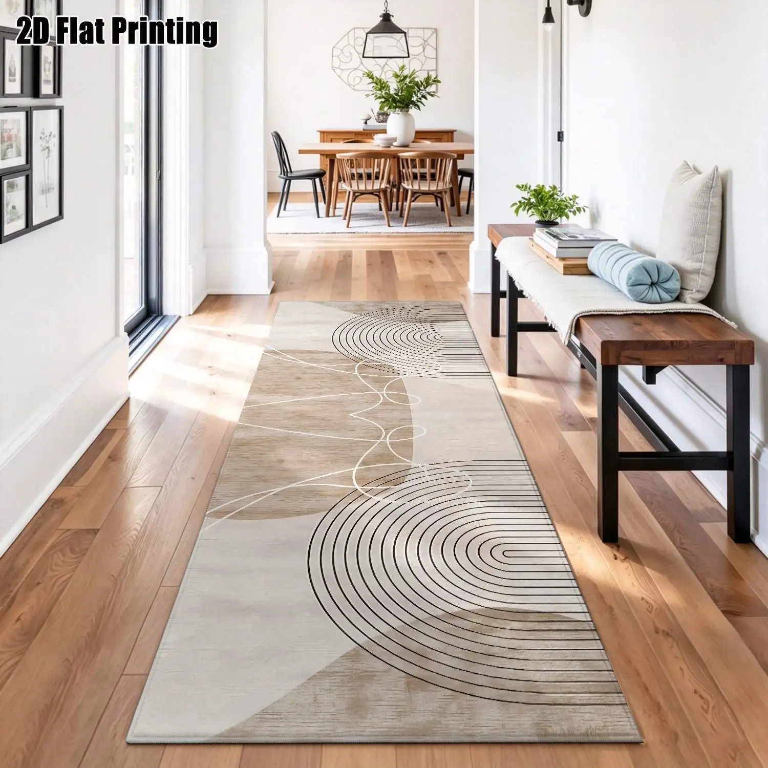 1Pc 2D Printed Long-Strip Running Track Carpet: Beige Geometric Line Pattern, Modern Minimalist Nordic/Instagram Style, Machine Washable, Multi-Size, for Home Entrance, Living Room, Bedroom, Kitchen Decoration