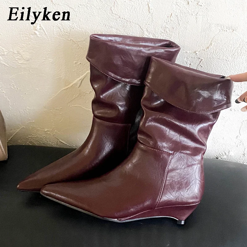 eilyken-パンクスタイル-レディース-アンクルブーツ-ファッションデザイン-エッジを折り返したプリーツ-ウェッジ-ローヒール-ポインテッドトゥ-シューズ