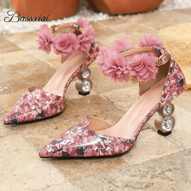 

British Style Floral Sandals Women Unique Crystal High Heel Sexy Pointed Toe Ankle Strap Party Shoes Summer