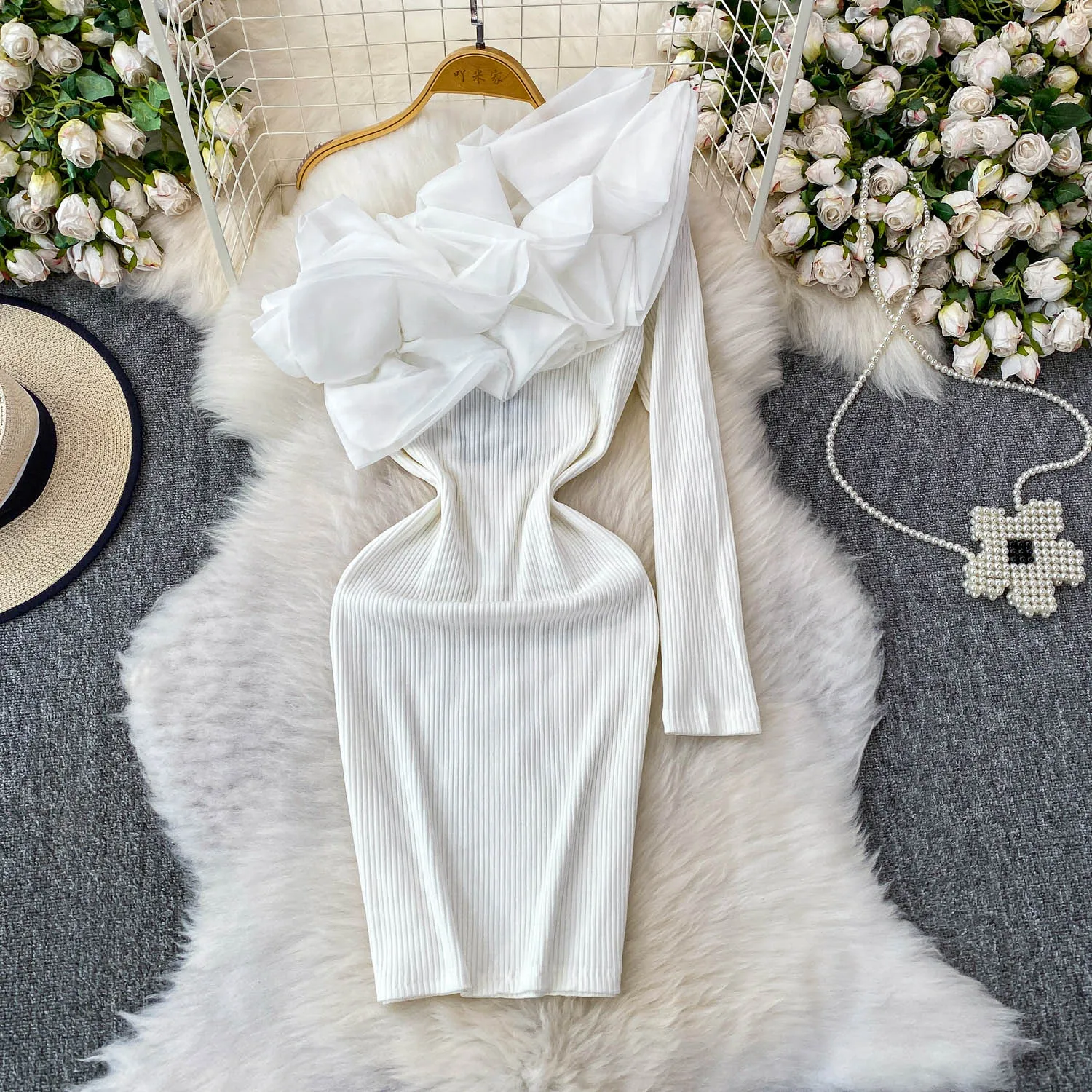 

Women Skew Neck Knit One Shoulder Dress Autumn Winter Slim Hip Dress Lady Elegant Party Evening Nightclub Festival Holiday Dress