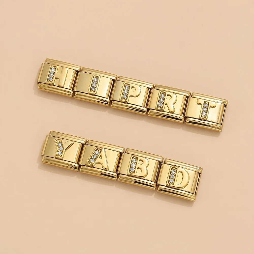 URING A-Z 26 Englische Buchstaben Tägliche Goldfarbene Italienische Charm-Links Passend für 9mm Edelstahl-Armbänder DIY Schmuck für Damen und Herren – Detail 4