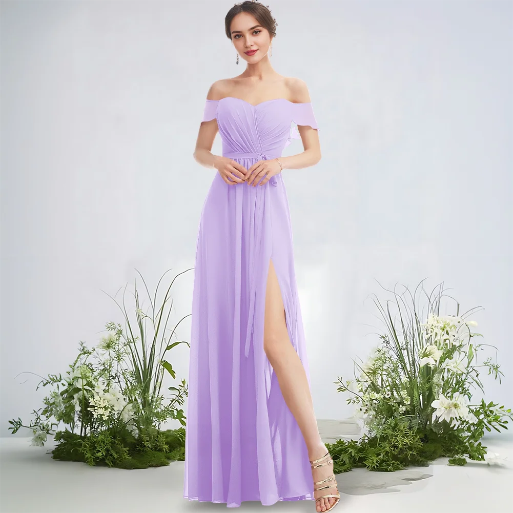 

Ethereal Off Shoulder Bridesmaid Dresses Frosted Lilac A-Line Floor-Length Chiffon Garden Gala Wedding Party Cascading Ruffles