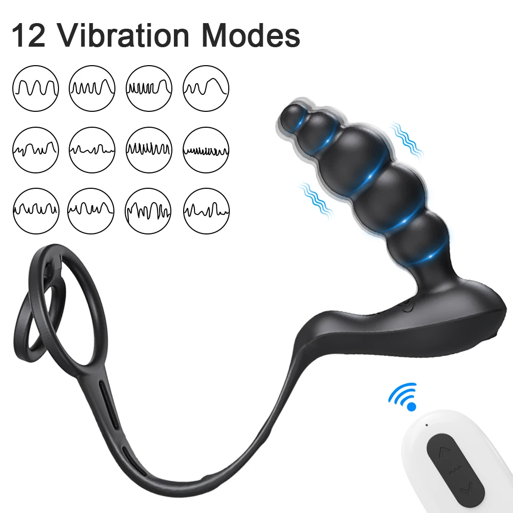 เครื่องสั่นห่วงรัดอวัยวะเพศชายพร้อมลูกปัดเซ็กซ์ทอยเสียบก้นสำหรับคู่รักเครื่องนวดก้นต่อมลูกหมากไร้สายระยะไกล