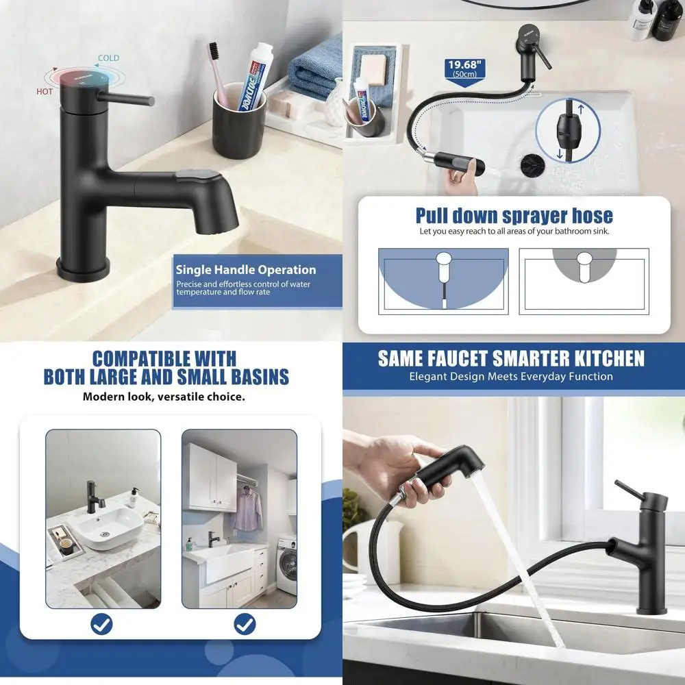 

Stainless Steel Matte Black Single Handle Bathroom Basin Mixer Tap with 2 Modes and Deck Plate for Utility Sink