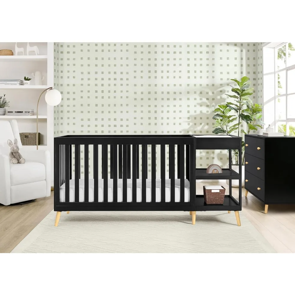 سرير Delta Children Essex 4 في 1 قابل للتحويل مع مبدل، لمسة نهائية من خشب الأبنوس الأسود ومقابض طبيعية