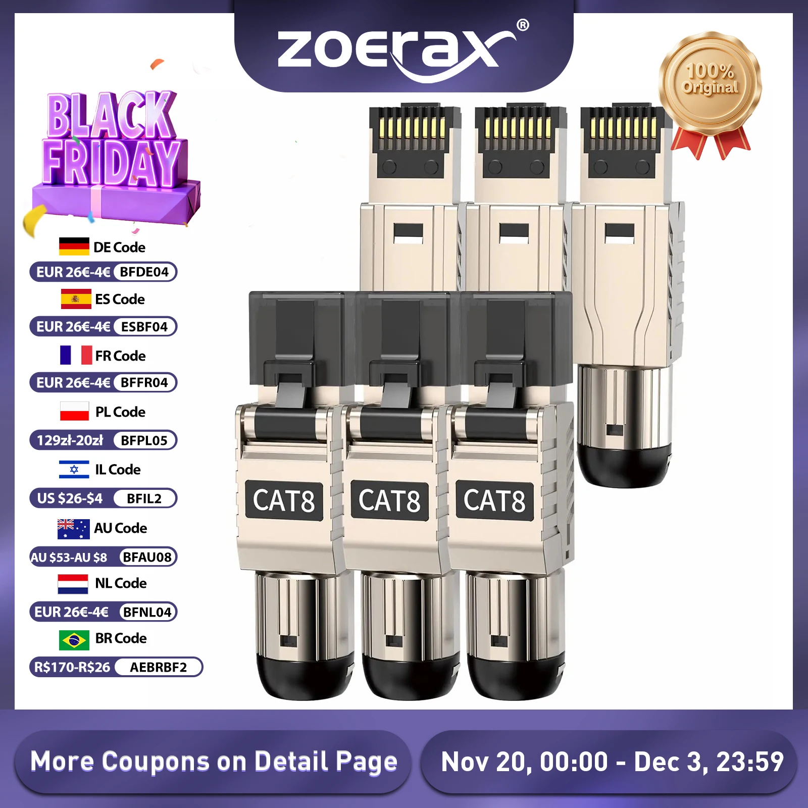 

Разъемы ZoeRax RJ45 Cat8 Cat7 Cat6A, металлический инструмент RJ45, простой концевой штекер 2000 МГц 40 г, LAN-кабель 22AWG - 24AWG