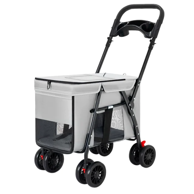 Luxury Lightweight Foldable Metal Fabric Dog Cat Stroller 4 Wheels Small Portable Pet Outings Can Be Pushed Pulled