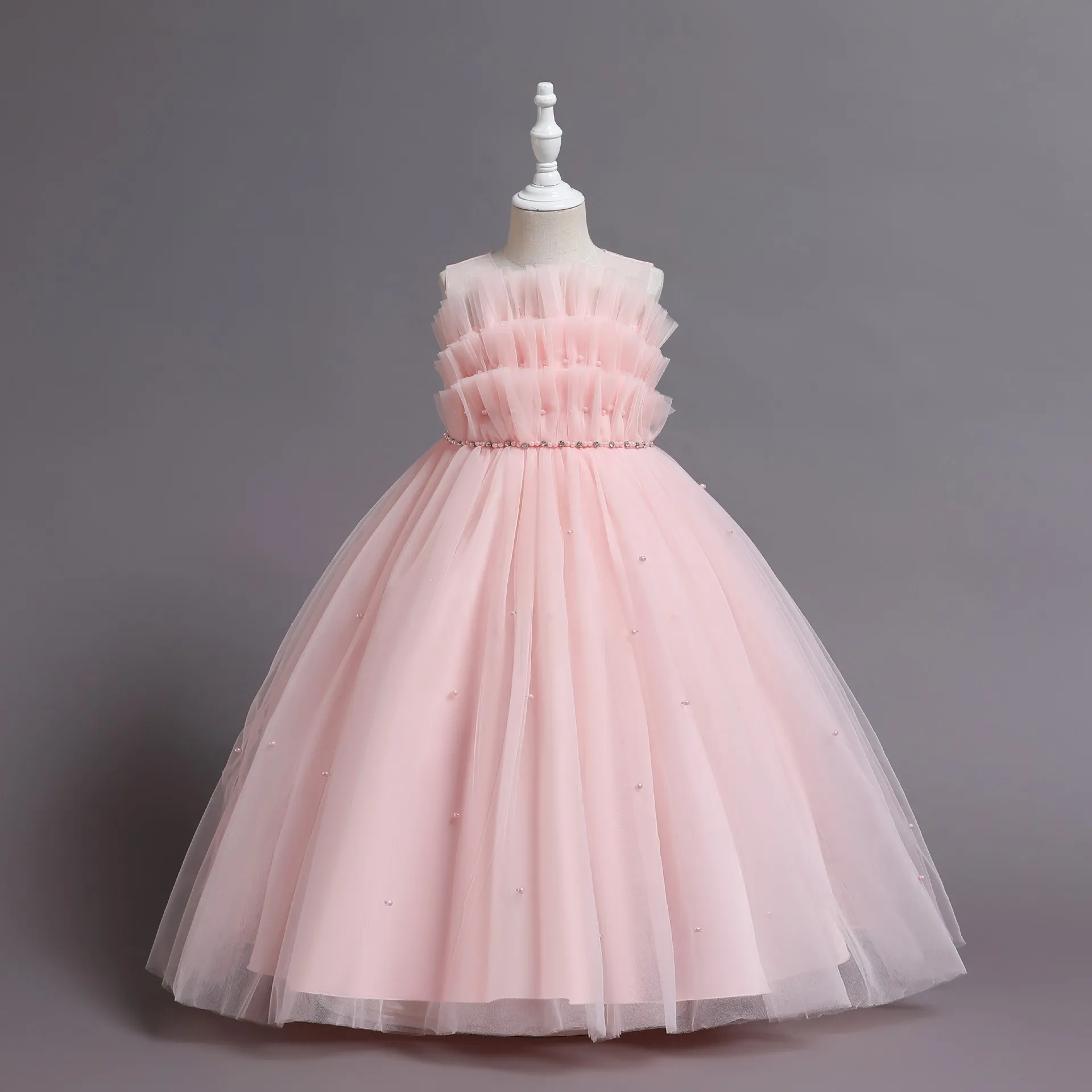 Christmas Long Kids Princess Dress For Girls Pearl Belt Evening Prom Gown Elegant Party Wedding Costumes Children Clothing 3-12Y