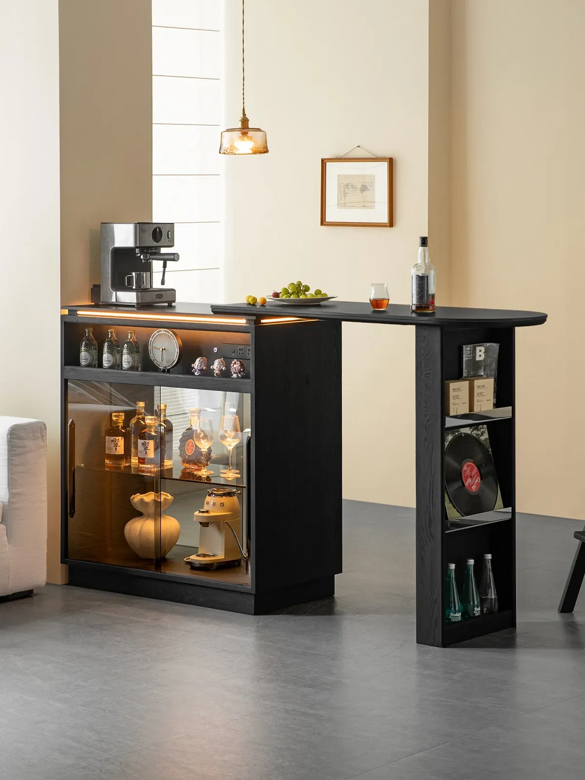 Bar Solid wood telescopic bar table Black dining side cabinet Storage cabinet Multifunctional partition side cabinet