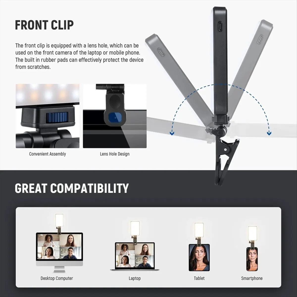 LED Selfie Phone Light, Rechargeable 2500-9000K Clip on Fill Light,Color Films/Diffuser/3000mAh for Camera