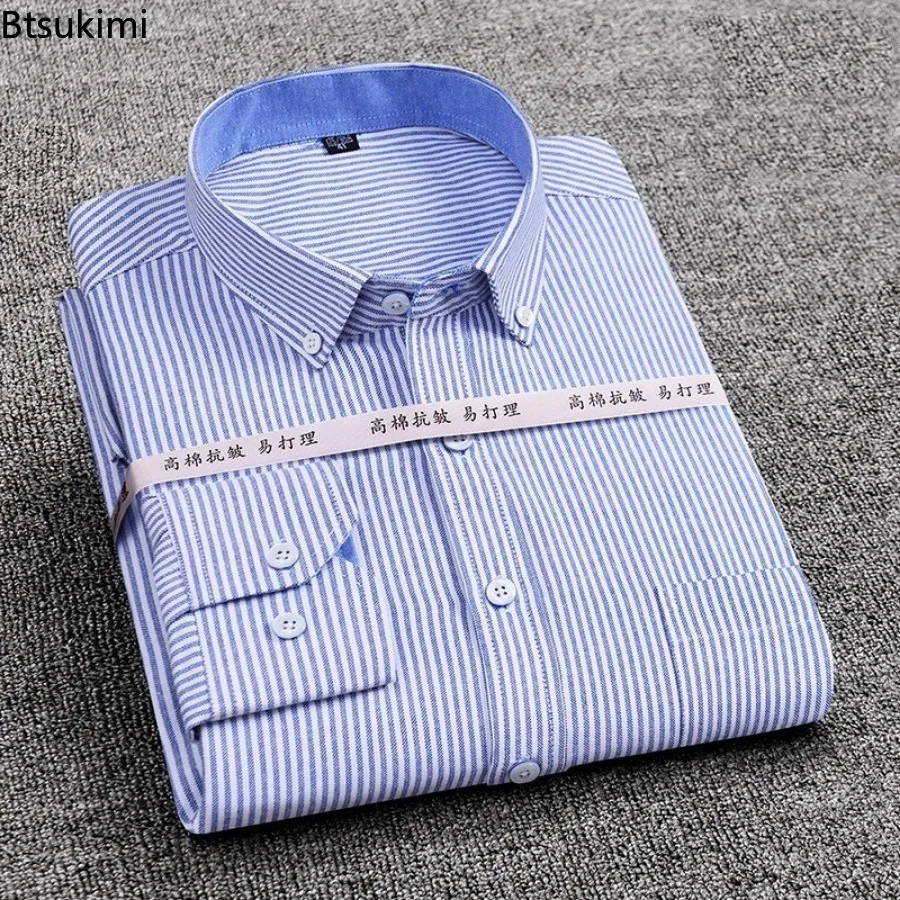 2024 Men's Long Sleeve Striped Cotton Oxford Shirts Fashion Classic Plaid Slim Formal Clothes Men Casual Social Shirt Oversized