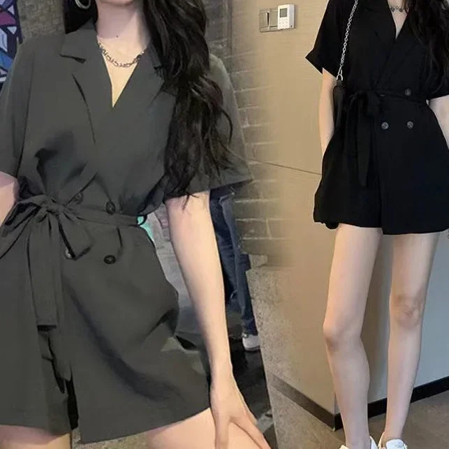 Pantalones de pierna ancha de cintura alta, pantalones cortos para mujer, traje holgado de verano, estilo fino, conjunto de ropa femenina de moda