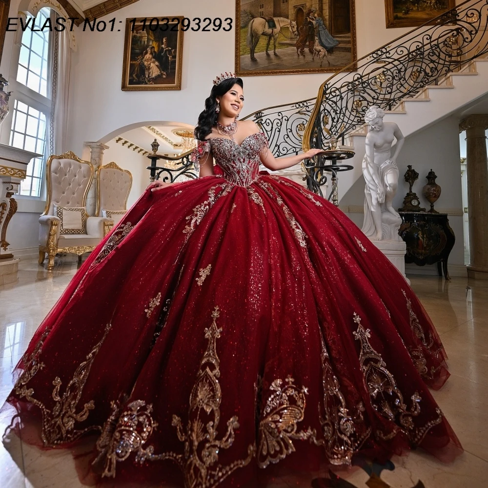EVLAST personalizado brillo Borgoña vestido para quinceañeras vestido De baile apliques De encaje dorado rebordear dulce 16 Vestidos De 15 Anos E1QN684