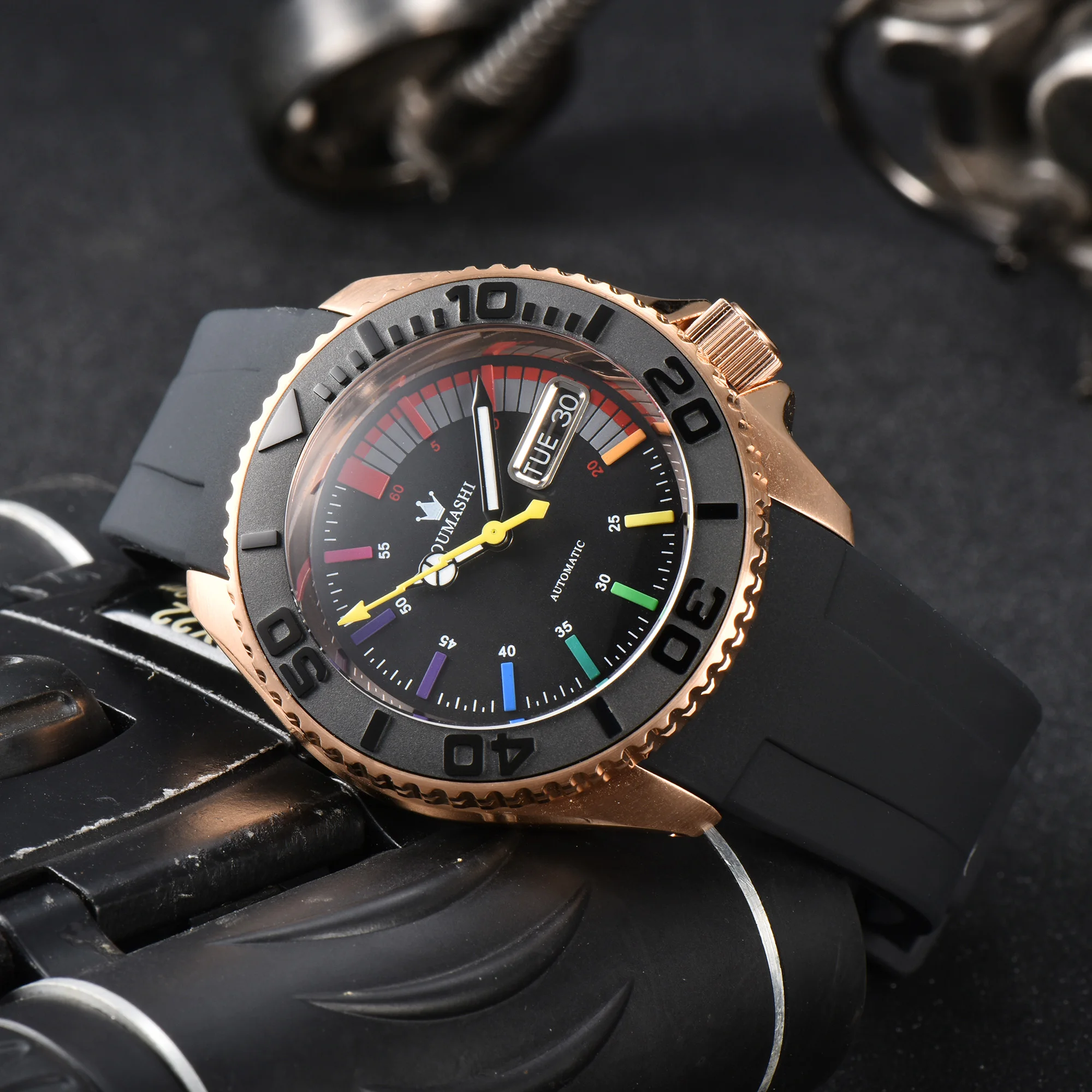 Skx 007 relógio ouumashi relógio nh36 nh35 arco-íris dial movimento mecânico automático cinto de borracha safira relógio à prova dwaterproof água