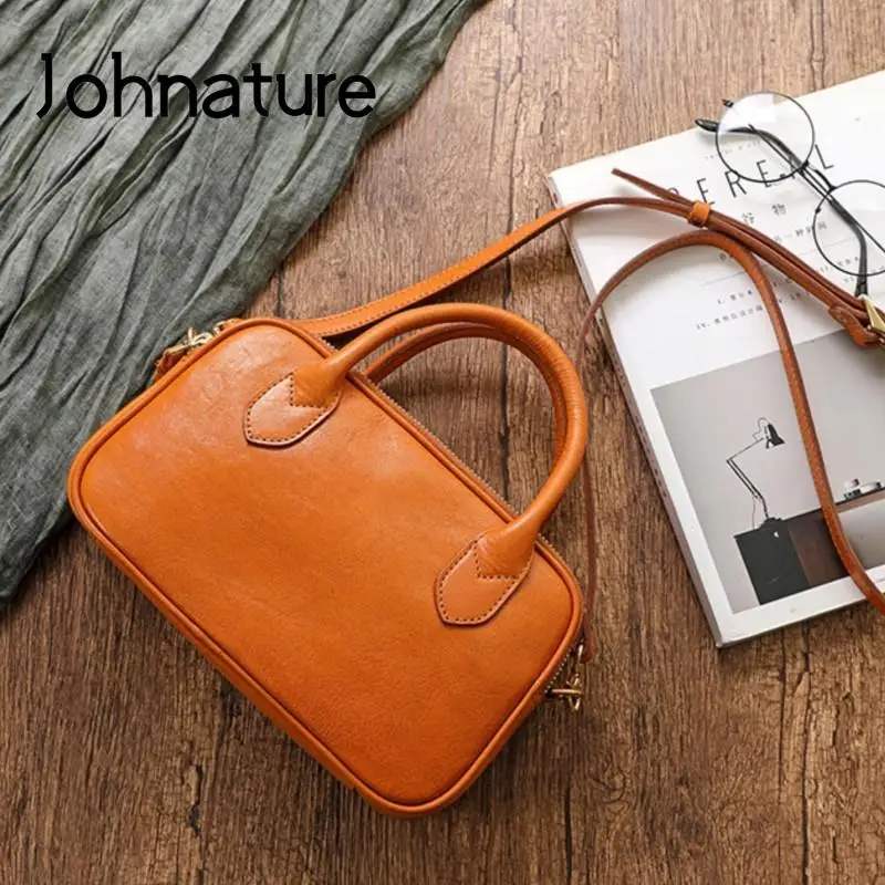 Johnature Simple Handbag Genuine Leather Women Bag 2024 New Natural Soft Real Cowhide Vintage Solid Color Shoulder Bags