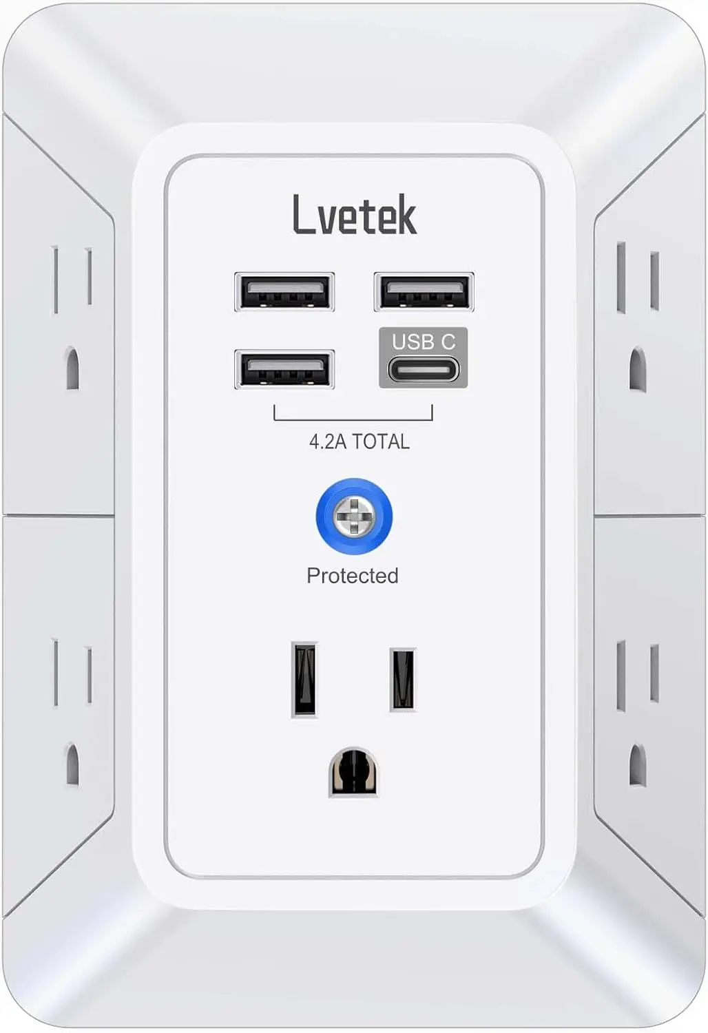5-Outlet Wall Extender with 4 USB Ports (1 USB-C), 1680J Surge Protector, White