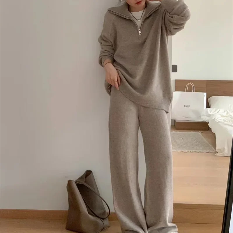 Women Warm Knit Pants Set Fashion Casual Sportswear Loose Pullover Lapel Knitted Sweater Wide-Legged Trousers 2pcs Matching Set