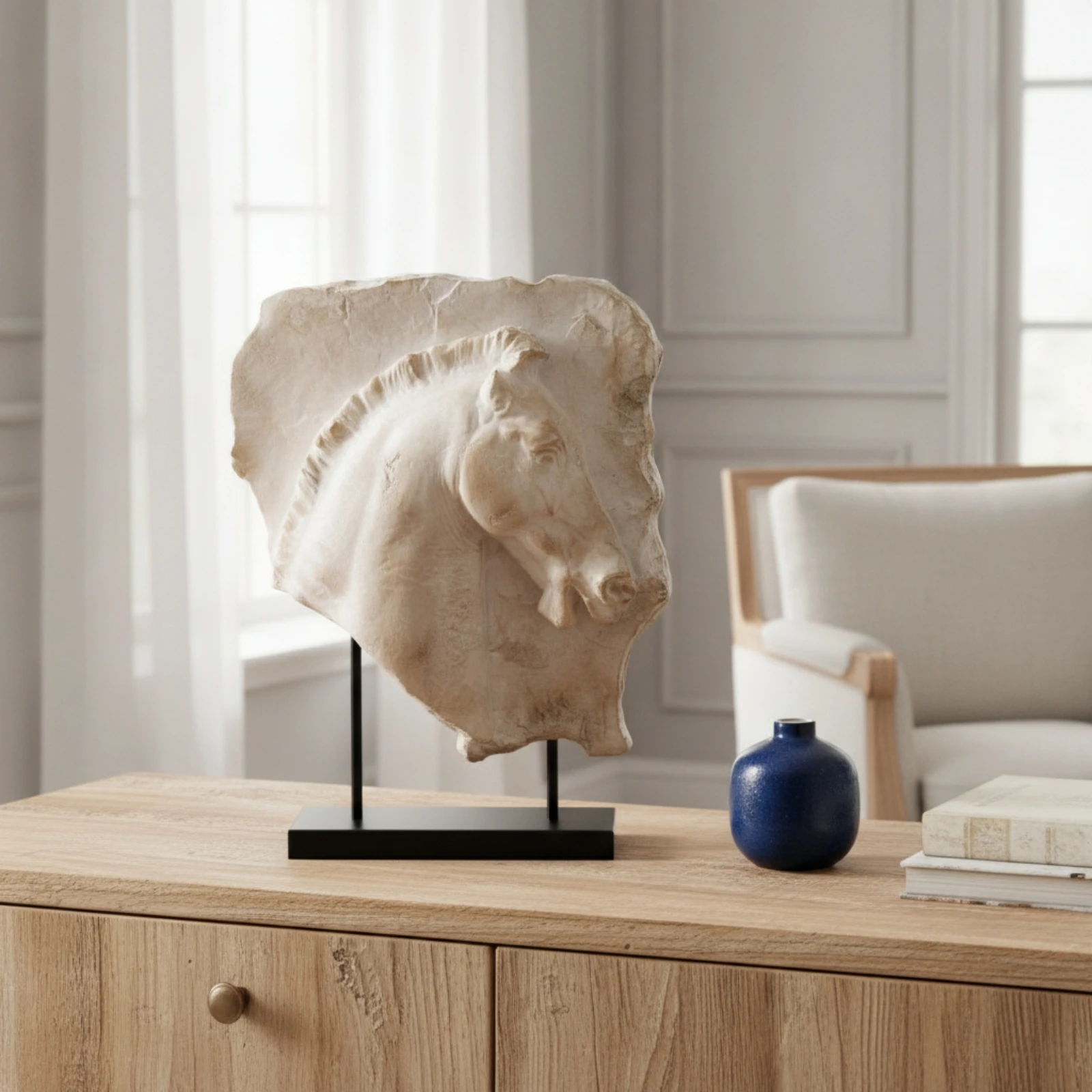 Horse Head Sculpture Textured Horse Bust with Metal Stand Statue Stone-Like Tabletop Ornament Sculptural for Interior Designers