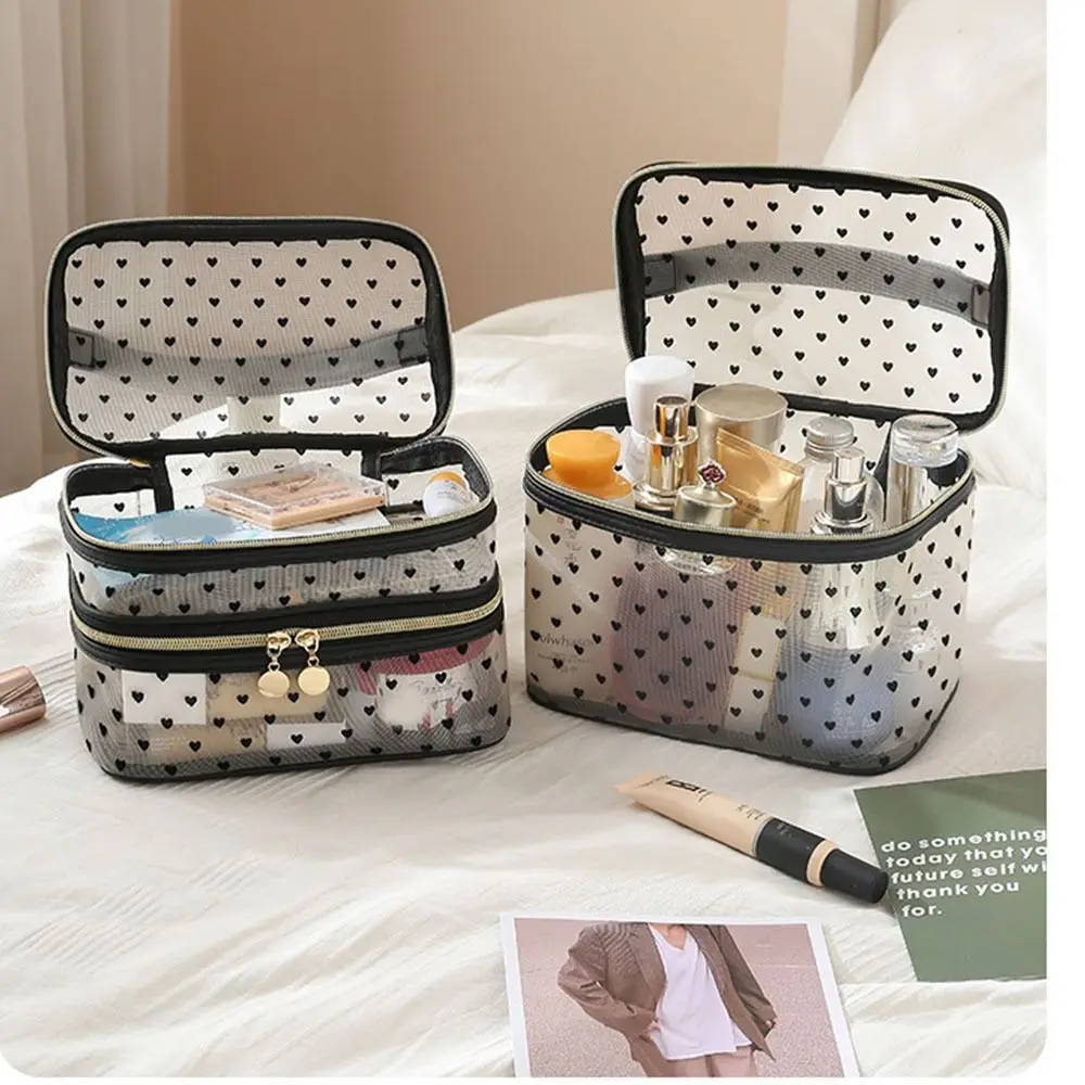 Double/Single Layer Mesh Love Makeup Bag Large Capacity Zipper Cosmetics Organizer Transparent Black Heart Printed