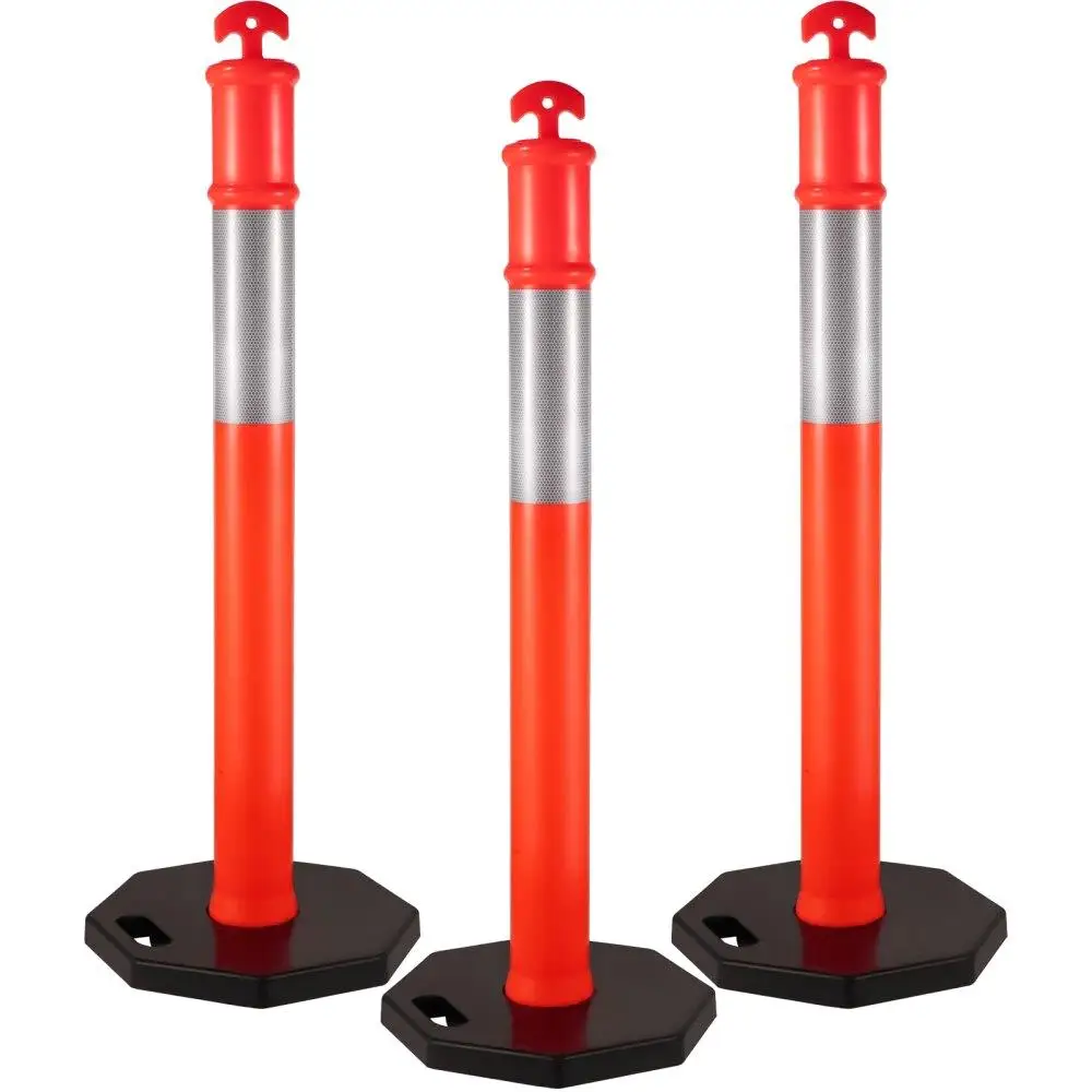

3 Pack 44 Inch Orange Delineator Posts PE 16 Inch Rubber Base 10 Inch Reflective Band for construction Site Facility Management