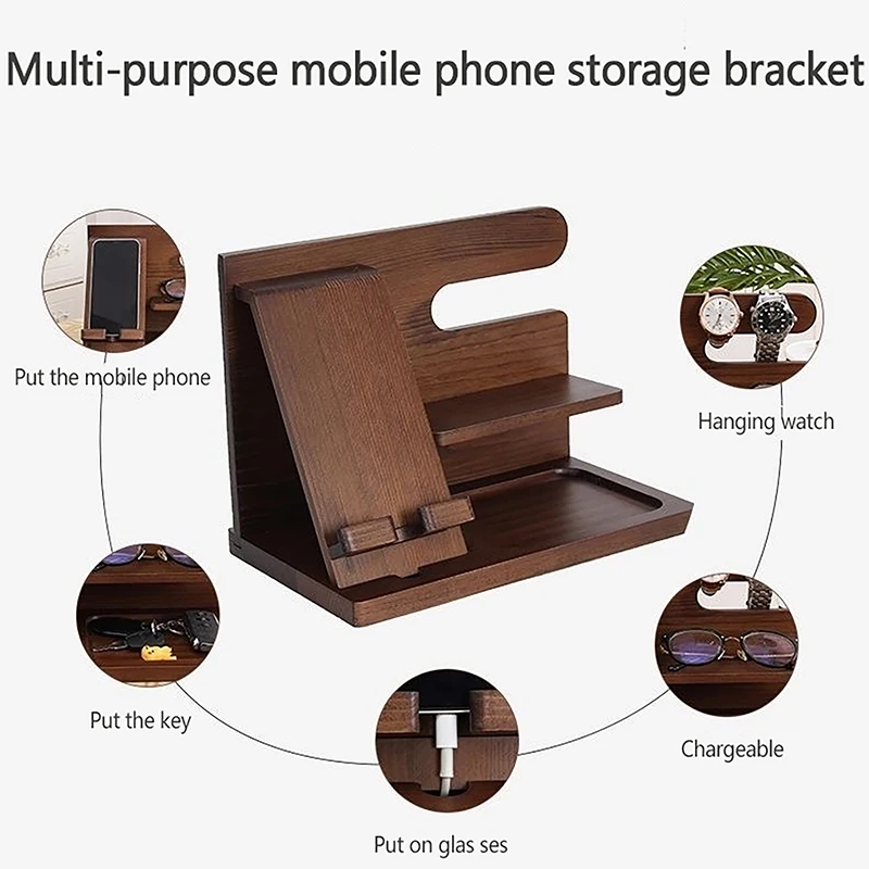 Wooden Bedside Wood Phone Docking Station Holder Wallet Stand Watch Storage Rack Valentines Multifunctional